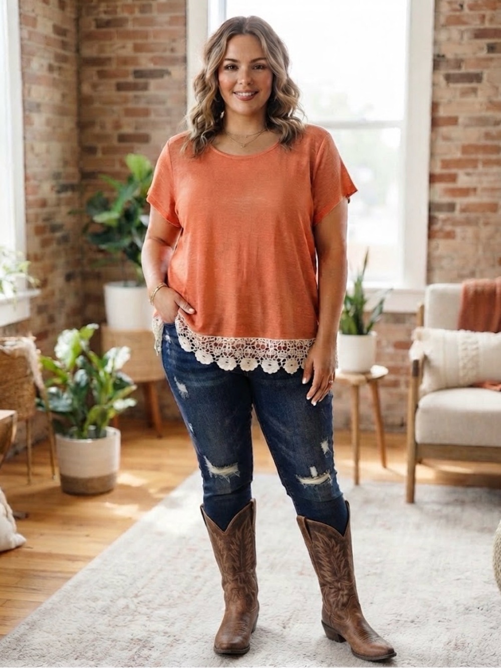 Umgee Plus Size 2XL Rust Orange Short Sleeve Top with Crochet Lace Hem Western